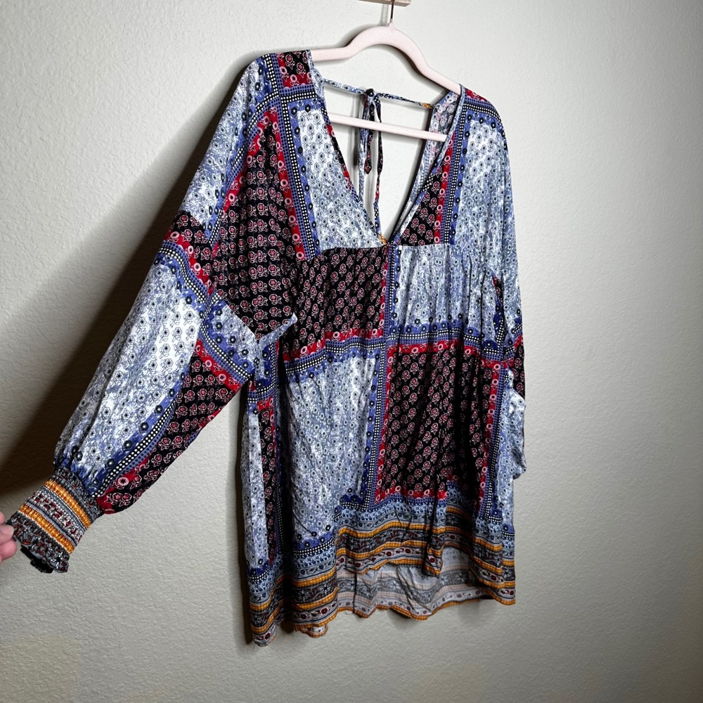 Velzera Mixed Patchwork Floral Print Babydoll Tunic Top Blue Red Medium